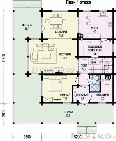 Проект двухэтажного дома из бруса с масштабной крытой террасой и бельведером / План 1 этажа
