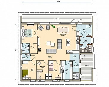Проект одноэтажного дома с небольшой гардеробной, санузлом в хозяйской спальне / План 1 этажа