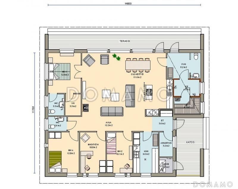 Проект одноэтажного дома с небольшой гардеробной, санузлом в хозяйской спальне / План 1 этажа