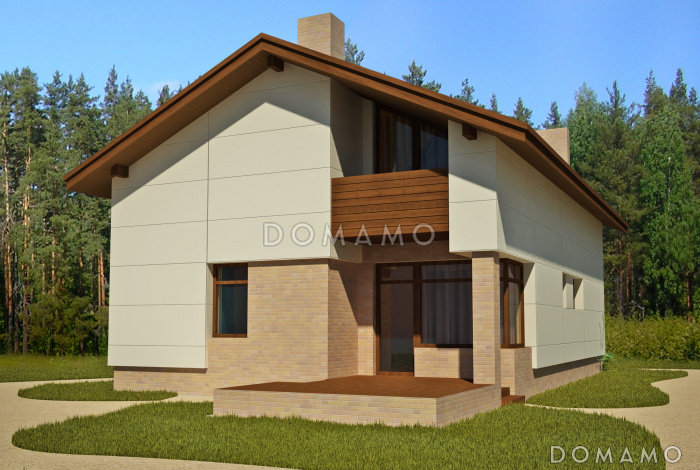 Проект загородного дома с открытой террасой, небольшой кухонной зоной, вторым светом, балконом и лоджией