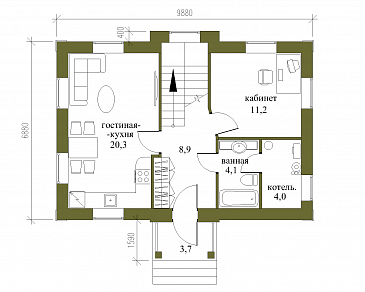 Проект небольшого двухэтажного особняка с парадным фасадом / План 1 этажа