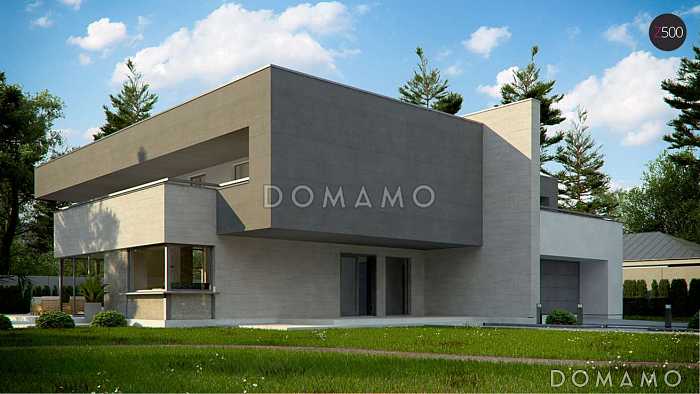 Проект большого современного двухэтажного дома из кирпича необычной формы, с тремя спальнями и кабинетом, сауной и гаражом