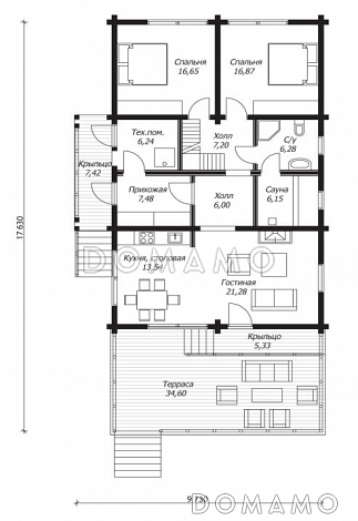 Проект дома из клееного бруса с большой открытой террасой / План 1 этажа