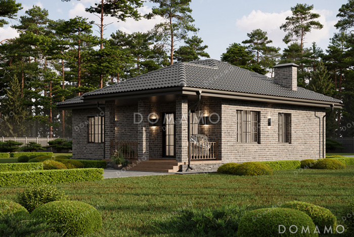 Проект одноэтажного дома с общей вальмовой кровлей над входной группой и террасой и отделкой фасада кирпичом