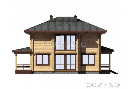 Проект двухэтажного дома из бруса с пятью комнатами, эркером и крытой террасой / Фасад 2