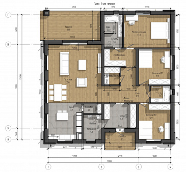 Проект дома с мастер-спальней, двумя детскими, кладовой на кухне / План 1 этажа