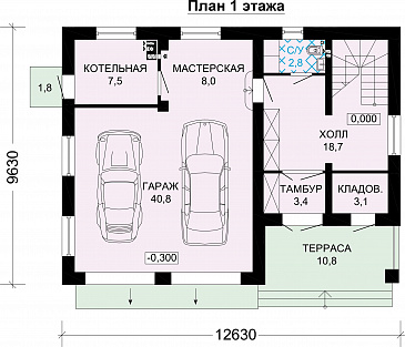 Проект гостевого дома с двойным гаражом / План 1 этажа