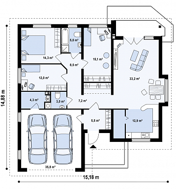 Проект одноэтажного дома с эркером и гаражом из кирпича со свободной планировкой мансардного этажа / План 1 этажа