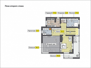 Проект дома с навесом и гаражом для машин, крытой террасой, котельной с отдельным входом с улицы, большой кухней и гостиной, вторым светом / План мансардного этажа
