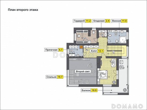 Проект дома с навесом и гаражом для машин, крытой террасой, котельной с отдельным входом с улицы, большой кухней и гостиной, вторым светом / План мансардного этажа