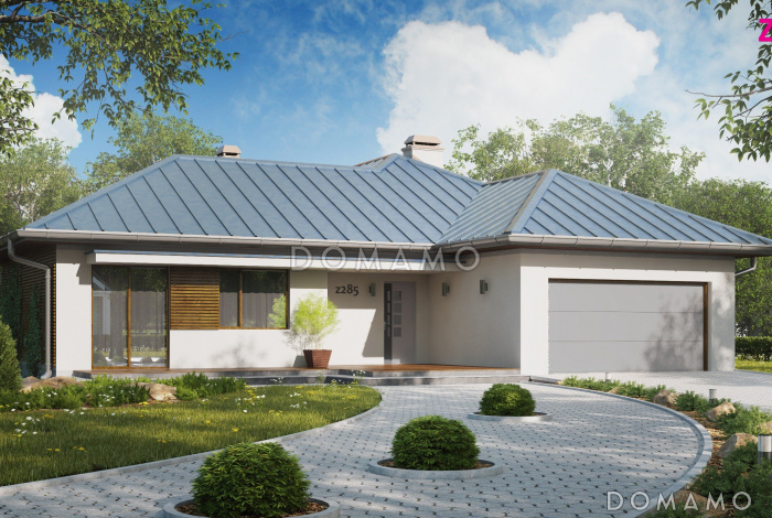 Проект одноэтажного дома из кирпича с большой угловой террасой и гаражом на два автомобиля