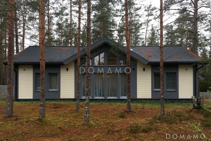 Проект скандинавского каркасного дома с панорамными окнами, большой гостиной и крытой террасой