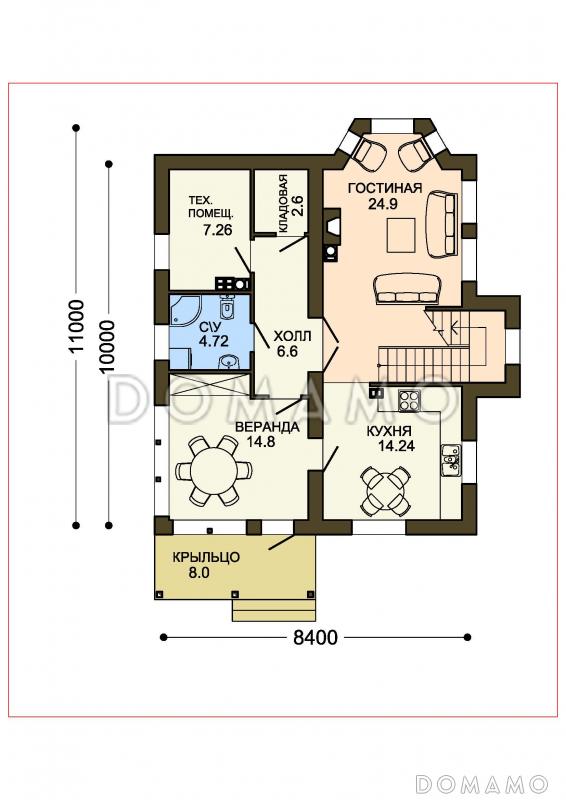 Проект теплого дачного дома с остекленной верандой и декоративными балками под коньком крыши / План 1 этажа
