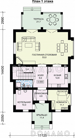 Проект двухэтажного дома с небольшой изолированной кухней / План 1 этажа