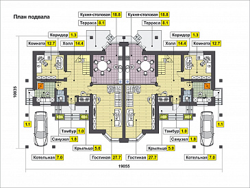 Проект дома с эркером в гостиной, комнатой на первом этаже, террасой, балконом, чердаком / План 1 этажа