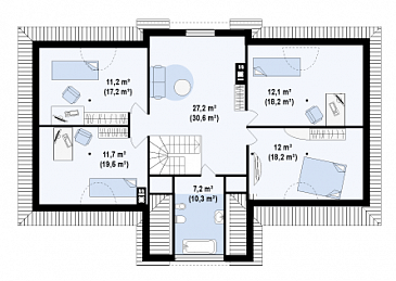 Проект просторного одноэтажного мансардного дома из кирпича с барбекю на крытой угловой террасе / План мансардного этажа