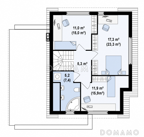 Проект современного одноэтажного мансардного дома из кирпича с тремя комнатами, угловой террасой и гаражом / План мансардного этажа