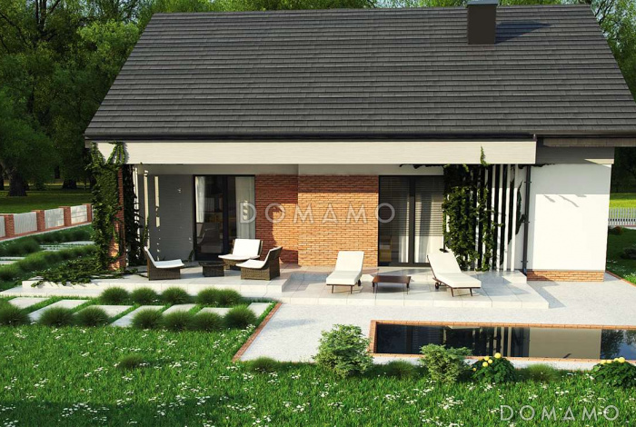 Проект простого уютного одноэтажного дома из кирпича с тремя спальнями и возможностью обустройства мансарды