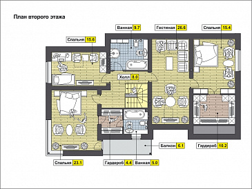 Частный дом с крытой террасой, гаражом на 1 машину, спальней на первом этаже, гостиной на первом и мансардном этаже / План мансардного этажа