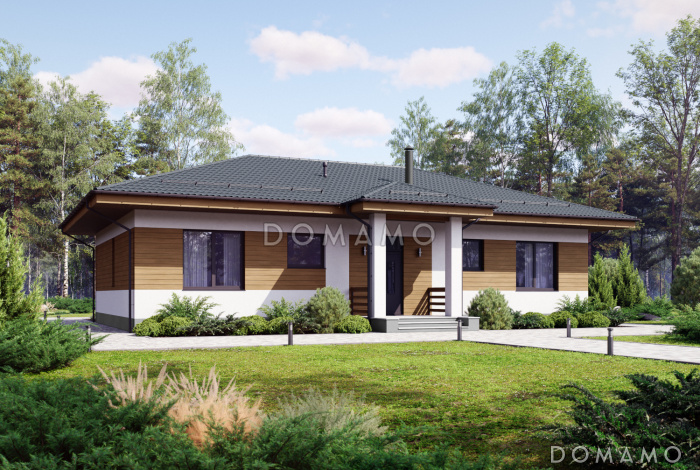 Проект одноэтажного дома из поризованного камня с мастер-спальней, кладовой и кабинетом