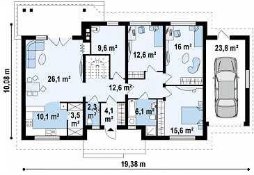 Проект классического одноэтажного дома из газобетона с тремя спальнями и возможностью обустройства мансарды и  с гаражом / План 1 этажа