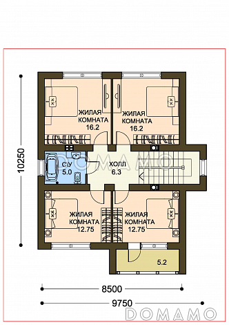 Проект коттеджа с пятью спальнями, коричневой крышей и белыми оштукатуренными стенами / План 2 этажа