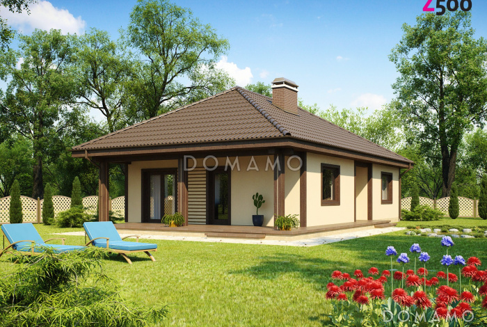 Проект компактного одноэтажного дома из кирпича с двумя спальнями и боковой террасой