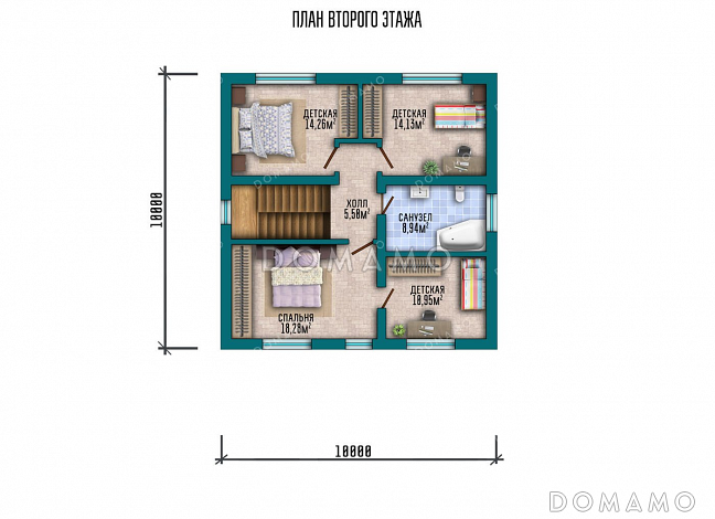 Проект двухэтажного дома с тремя спальнями и большой гостиной / План 2 этажа