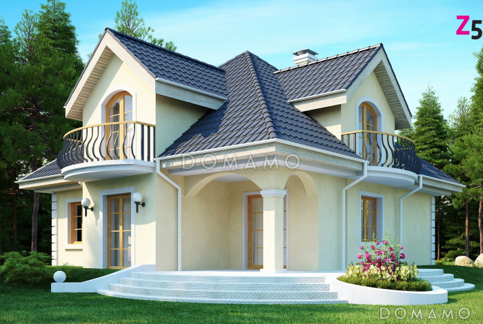 Проект классического одноэтажного мансардного дома из газобетона с кабинетом, хозяйственным помещением и с балконами в каждой из трёх спален