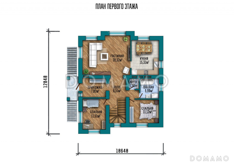 Проект дома с мансардой и шестью спальнями / План 1 этажа