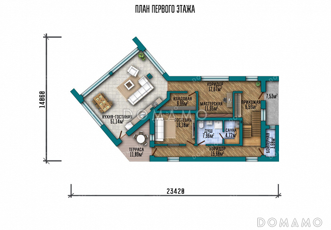 Проект одноэтажного дома с мансардой и большими окнами / План 1 этажа