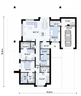 Проект одноэтажного дома из кирпича с просторной гостиной, тремя спальнями и гаражом / План 1 этажа