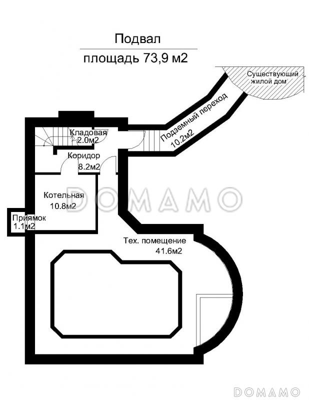Проект бассейна под шатровой кровлей, с подвалом и тренажерной в мансарде / План цокольного этажа