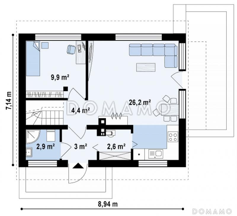 Проект компактного одноэтажного мансардного дома из газобетона с дополнительной спальней на первом этаже и тремя спальнями на мансарде / План 1 этажа