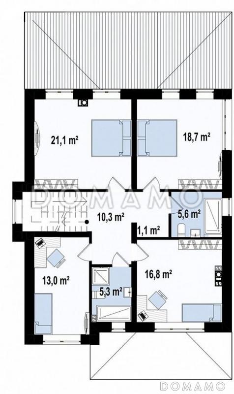 Проект двухэтажного дома с большой гостиной, крытой террасой, кладовой в кухне, спальней на первом этаже / План 2 этажа