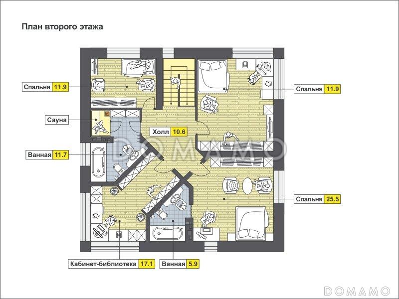 Проект двухэтажного квадратного дома с отрытой террасой, спальней на первом этаже, большой ванной / План 2 этажа