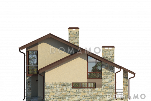 Проект дома с гаражом, гостиной с панорамным окном, тремя спальнями на мансардном этаже, кладовой / Фасад 4