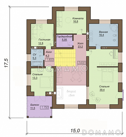 Проект двухэтажного коттеджа с цокольным этажом, гаражом и парной / План 2 этажа