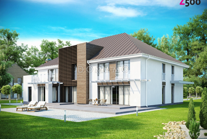 Проект большого комфортабельного двухэтажного дома из газобетона с пятью комнатами, спортзалом и вторым светом над просторной гостиной