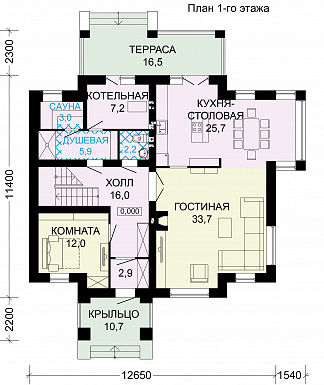Проект дома из СИП панелей с сауной и тремя спальными комнатами / План 1 этажа