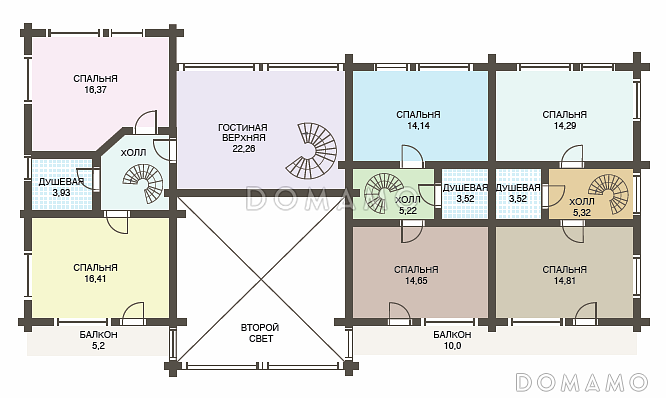 Проект двухэтажного дома из клееного бруса с шестью спальнями и гостиной на втором этаже / План мансардного этажа
