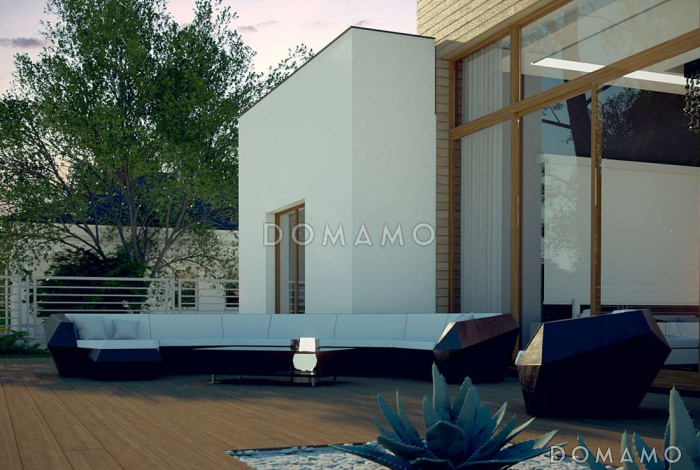 Проект современного одноэтажного дома из кирпича с тремя спальнями и светлой просторной гостиной