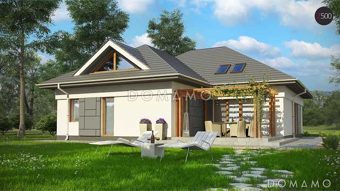 Проект просторного одноэтажного мансардного дома из кирпича с кабинетом, спальнями на обоих этаж и гаражом на два автомобиля