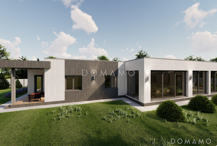 Проект одноэтажного дома с мастер-спальней, двумя детскими, гаражом, навесом и верандой