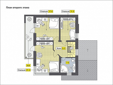 Проект дома с парной, бильярдной, навесом для машины, спальней с панорамным окном, / План мансардного этажа
