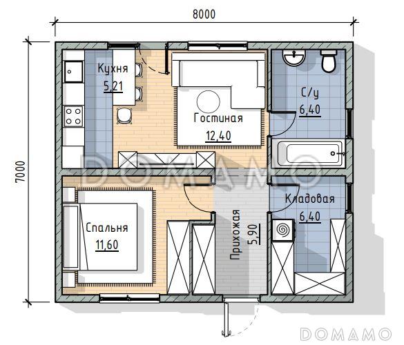 Проект одноэтажного компактного дома в современном стиле / План 1 этажа