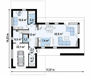 Проект современного двухэтажного дома из кирпича с плоской крышей, четырьмя комнатами и одноместным гаражом / План 1 этажа