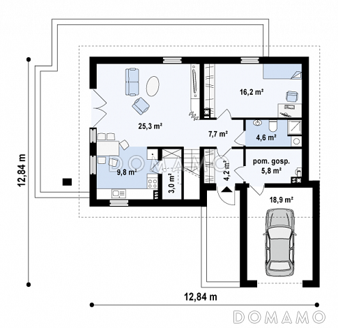Проект одноэтажного мансардного дома из газобетона с балконом и с фронтальным пристроенным гаражом / План 1 этажа