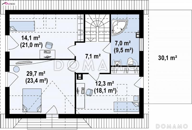 Проект одноэтажного дома с мансардным этажом из кирпича с кабинетом, гаражом и террасой над ним / План мансардного этажа