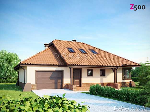 Проект просторного одноэтажного мансардного дома из кирпича с кабинетом, гаражом и комнатой над ним